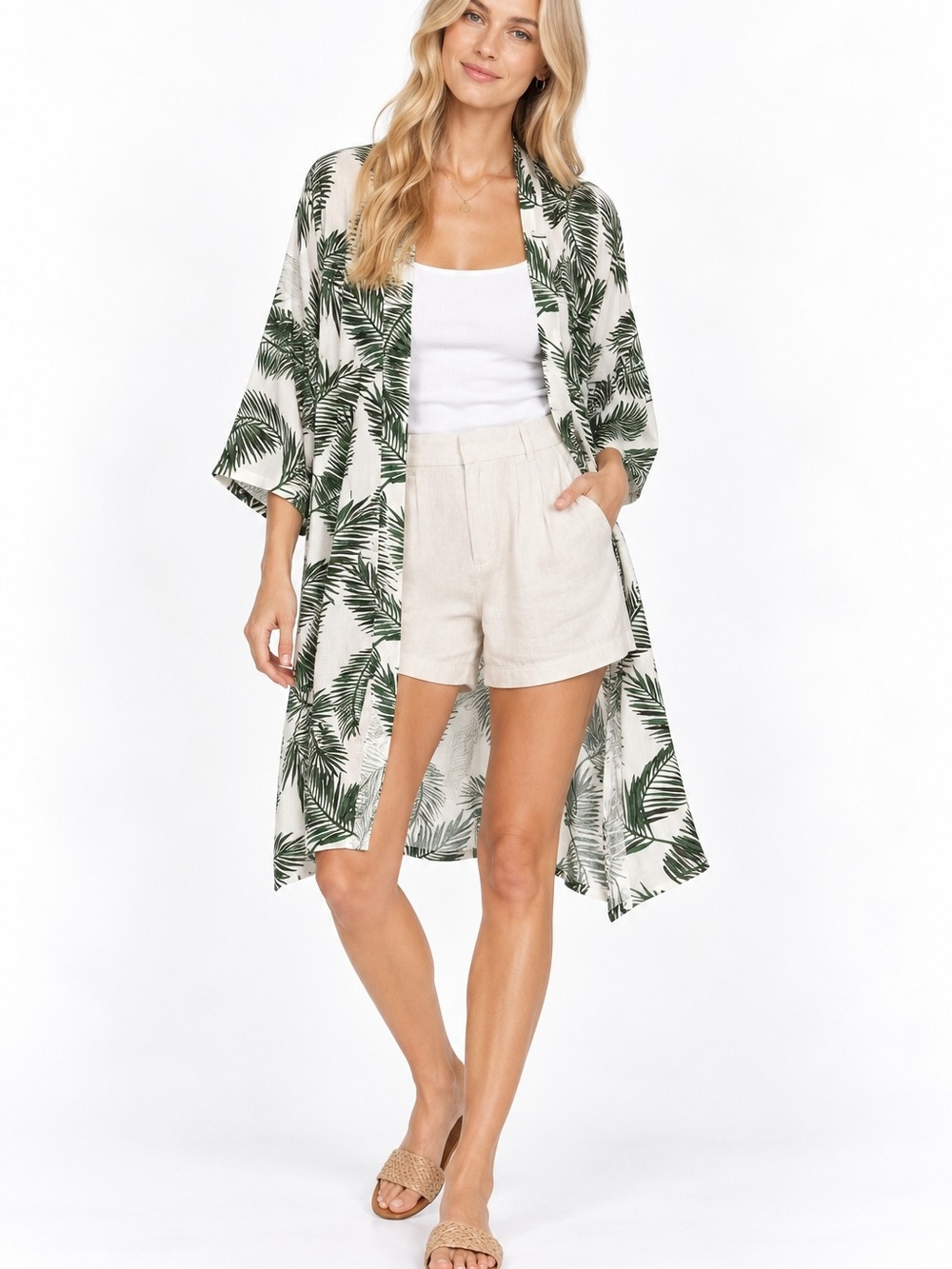 Palm-Print White and Green Swim Cover-Up Kimono
